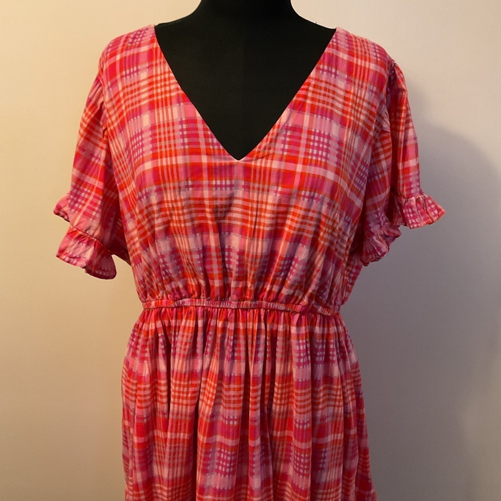 Terra & Sky Pink Plaid Ruffle Dress V-Neck Short Sleeve Plus Size 1X - Picture 4 of 11